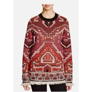 Tory Burch Tapestry Jacquard Merino Wool Crewneck Sweater Fringe Studs